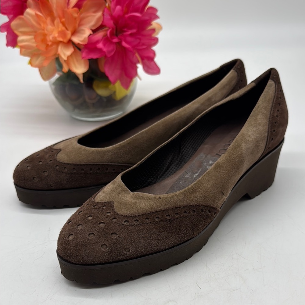 Sesto Meucci Two-Tone Brown Suede Wing Tip Wedges Size 5.5 MCW8988A